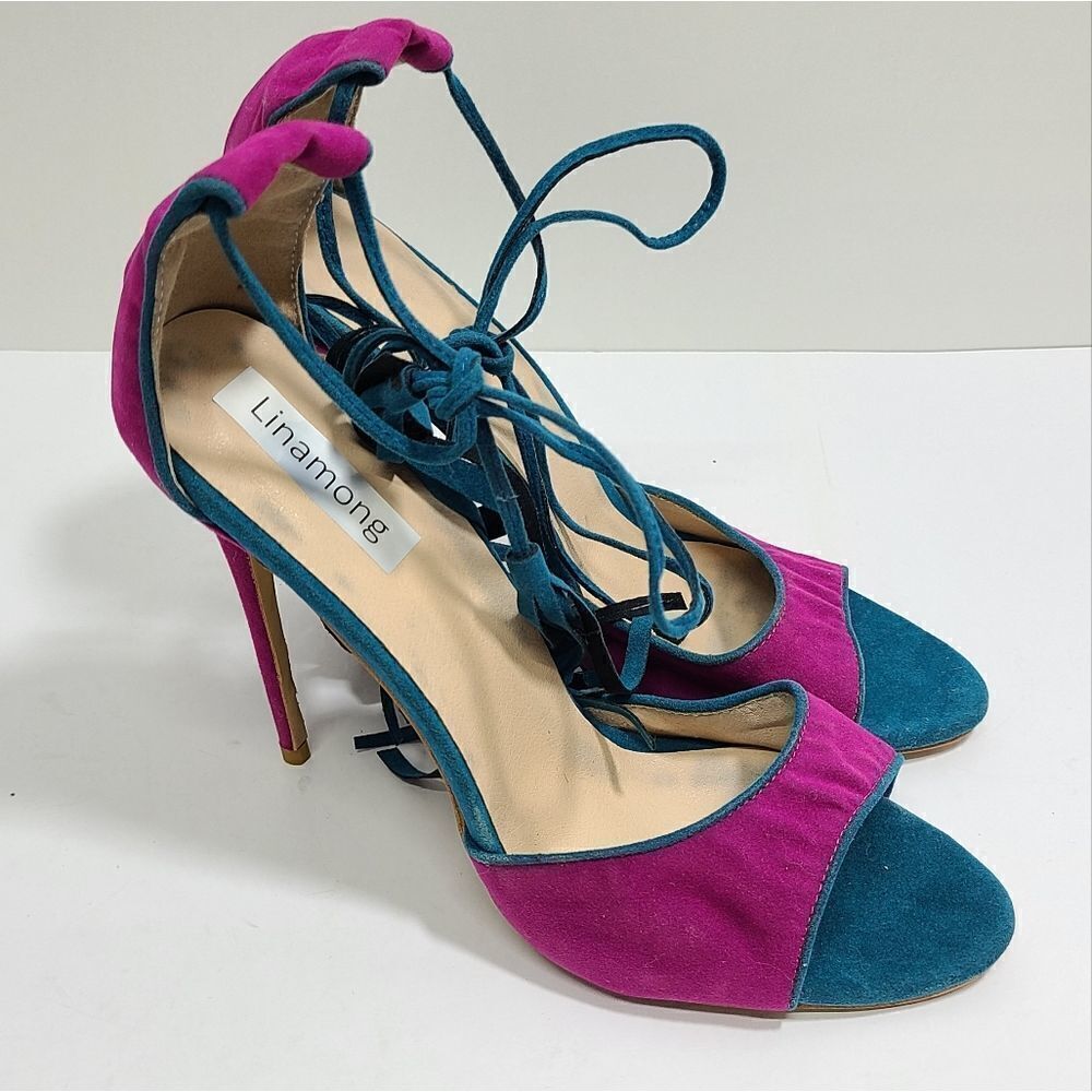 Teal and Fuchsia Suede Lace-Up High Heel Sandals